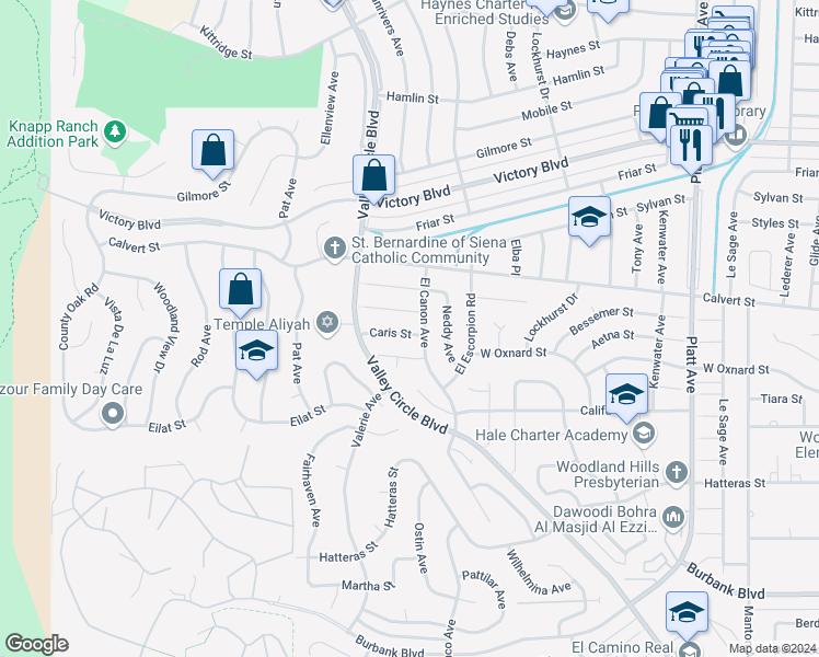 map of restaurants, bars, coffee shops, grocery stores, and more near 24211 Caris Street in Los Angeles
