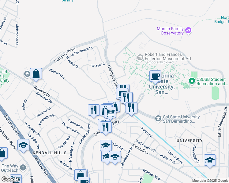 map of restaurants, bars, coffee shops, grocery stores, and more near 1831 Northpark Boulevard West in San Bernardino