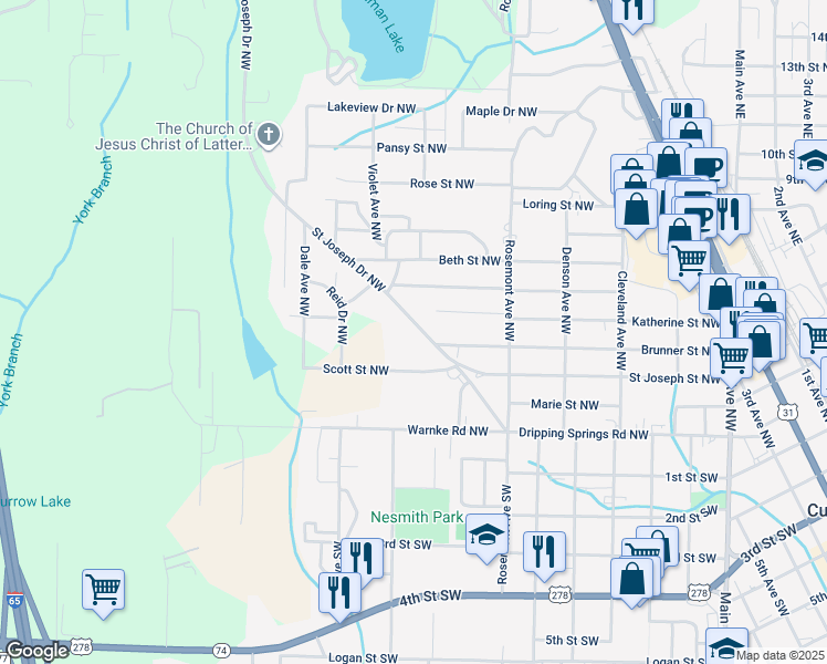 map of restaurants, bars, coffee shops, grocery stores, and more near 509 Saint Joseph Drive Northwest in Cullman