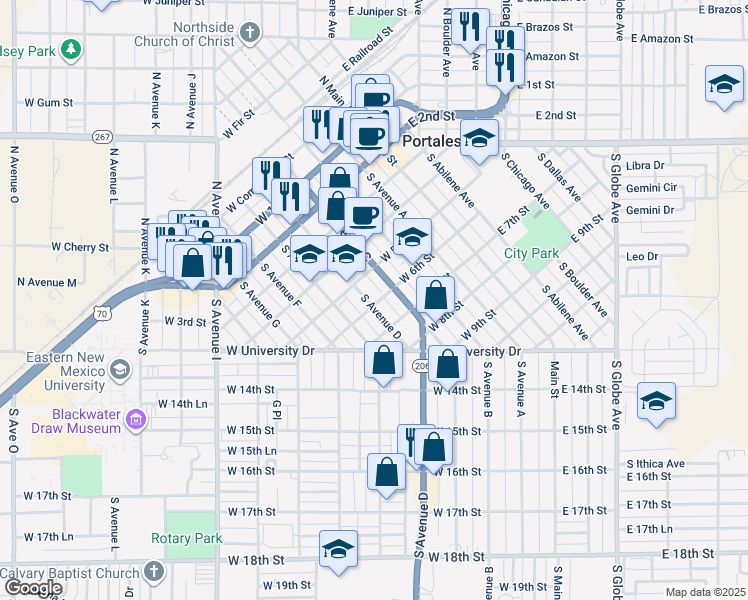 map of restaurants, bars, coffee shops, grocery stores, and more near 612 South Avenue C in Portales