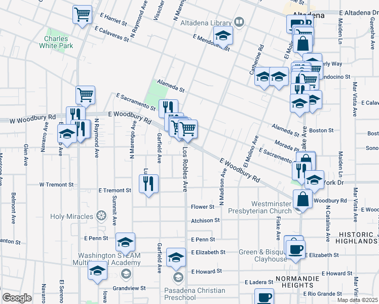 map of restaurants, bars, coffee shops, grocery stores, and more near 2010 North Los Robles Avenue in Pasadena