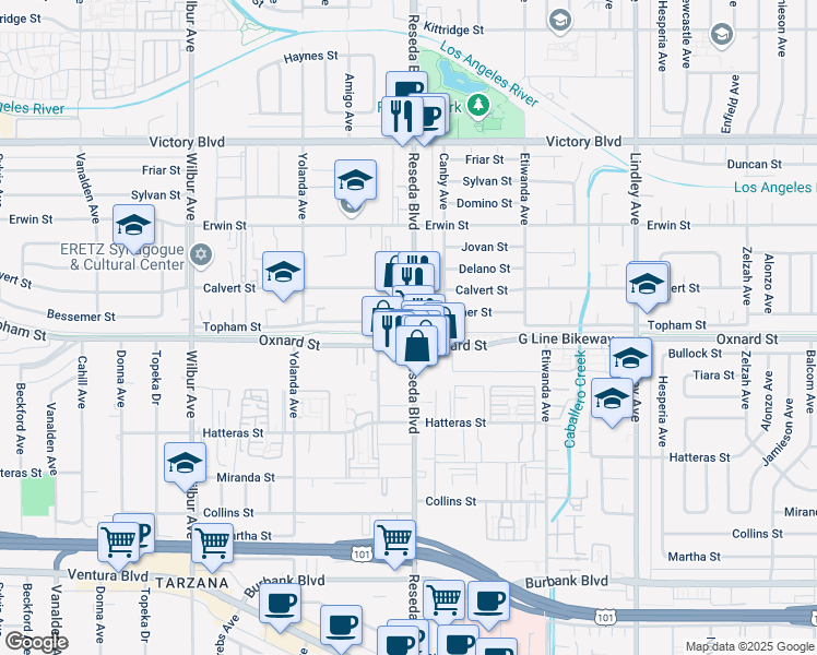 map of restaurants, bars, coffee shops, grocery stores, and more near 6075 Reseda Boulevard in Los Angeles