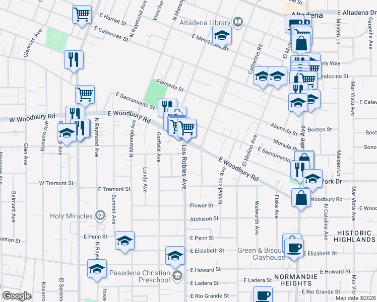 map of restaurants, bars, coffee shops, grocery stores, and more near 2010 North Los Robles Avenue in Pasadena