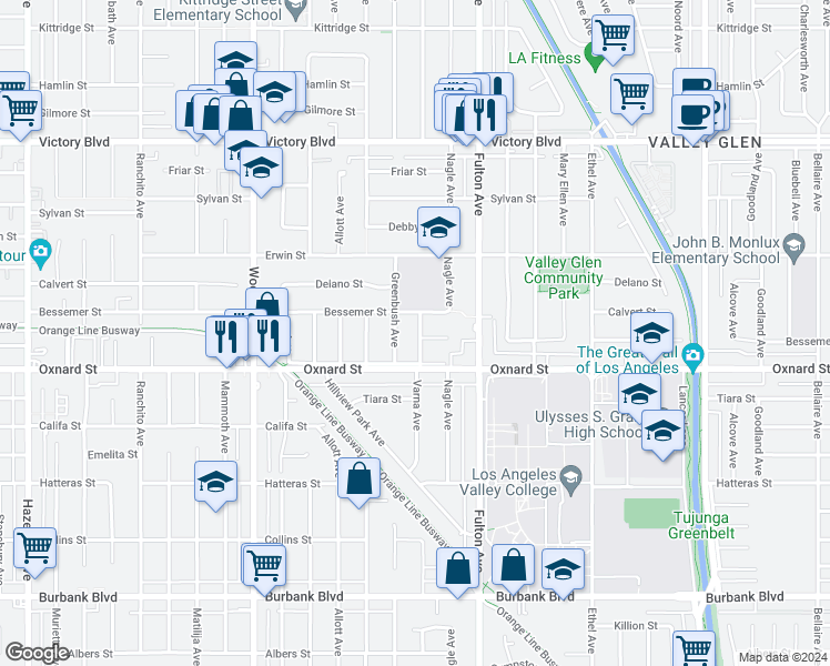 map of restaurants, bars, coffee shops, grocery stores, and more near 6033 Varna Avenue in Los Angeles