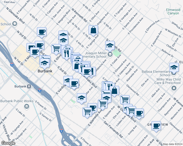 map of restaurants, bars, coffee shops, grocery stores, and more near 449 East Providencia Avenue in Burbank