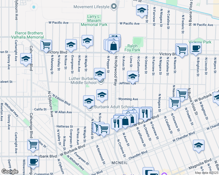 map of restaurants, bars, coffee shops, grocery stores, and more near 1736 North Pepper Street in Burbank