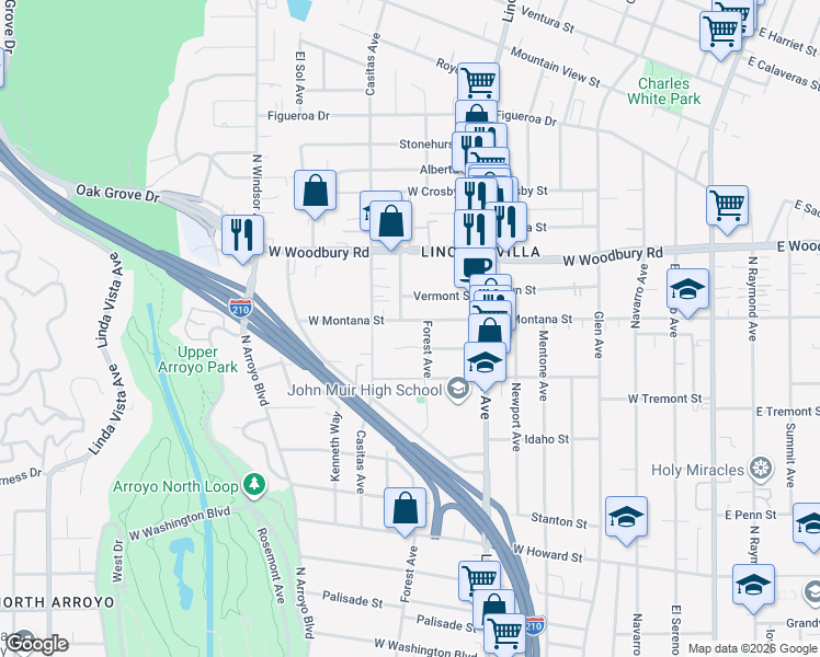 map of restaurants, bars, coffee shops, grocery stores, and more near 554 West Montana Street in Pasadena