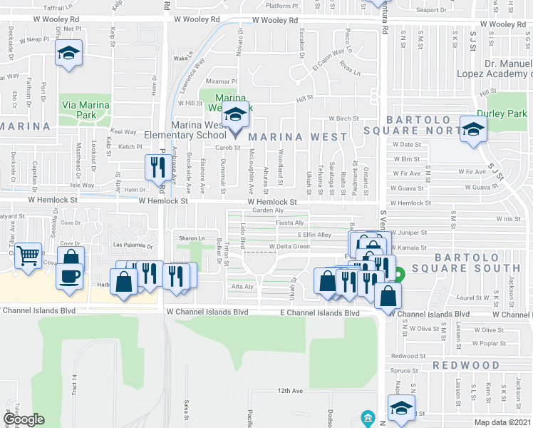 map of restaurants, bars, coffee shops, grocery stores, and more near 33 West Garden Green in Port Hueneme