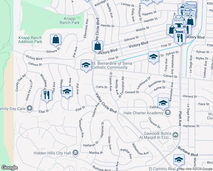map of restaurants, bars, coffee shops, grocery stores, and more near 24211 Caris Street in Los Angeles
