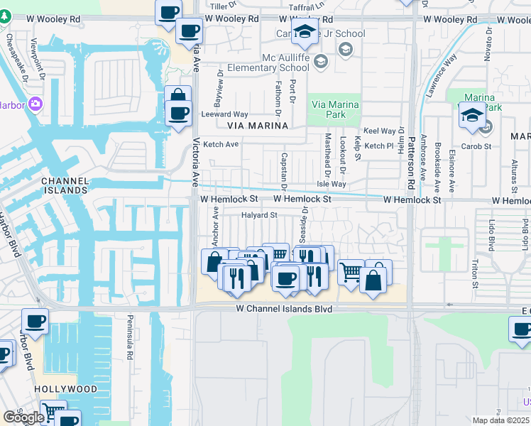 map of restaurants, bars, coffee shops, grocery stores, and more near 693 Halyard Street in Port Hueneme