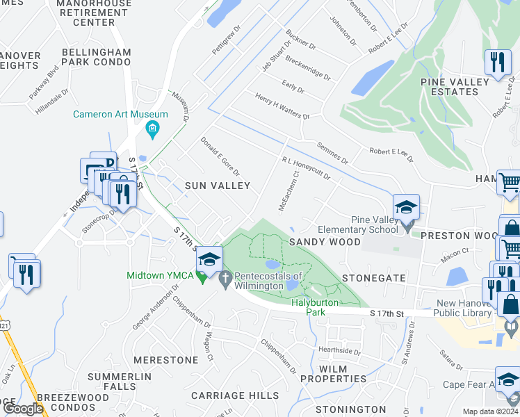 map of restaurants, bars, coffee shops, grocery stores, and more near 543 George Anderson Drive in Wilmington