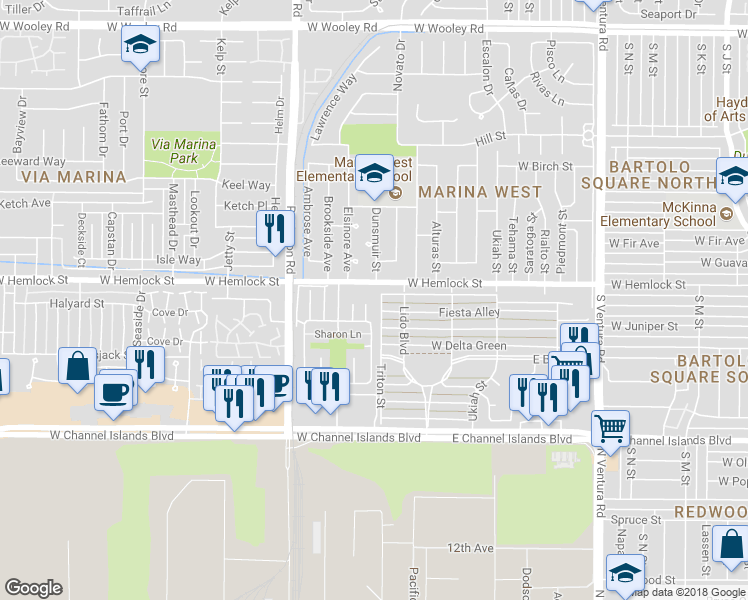map of restaurants, bars, coffee shops, grocery stores, and more near 2736 Jill Place in Port Hueneme
