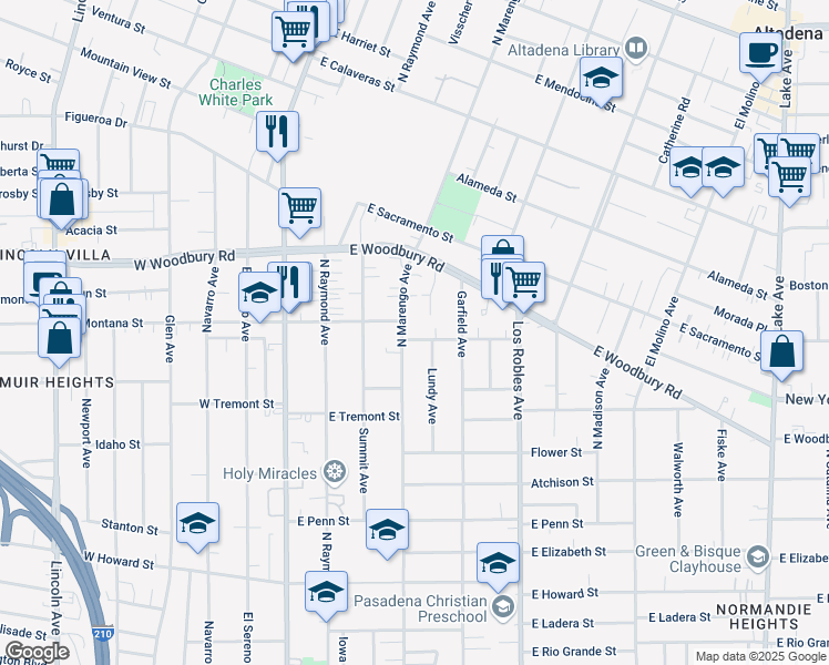 map of restaurants, bars, coffee shops, grocery stores, and more near 239 East Montana Street in Pasadena