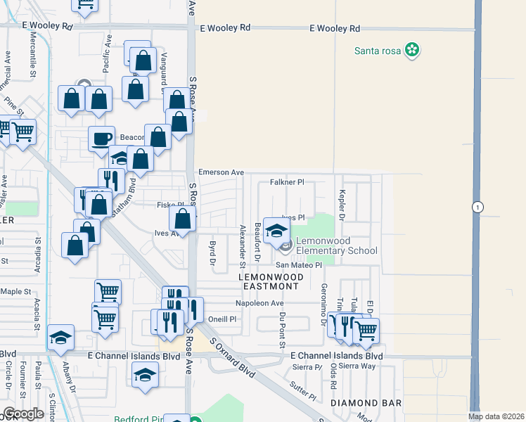 map of restaurants, bars, coffee shops, grocery stores, and more near 1920 Beaufort Drive in Oxnard