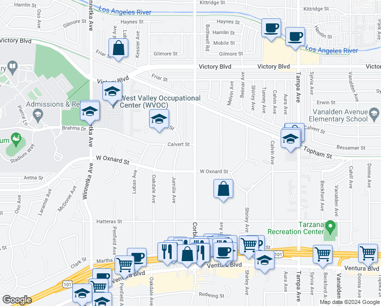 map of restaurants, bars, coffee shops, grocery stores, and more near 6045 Corbin Avenue in Los Angeles