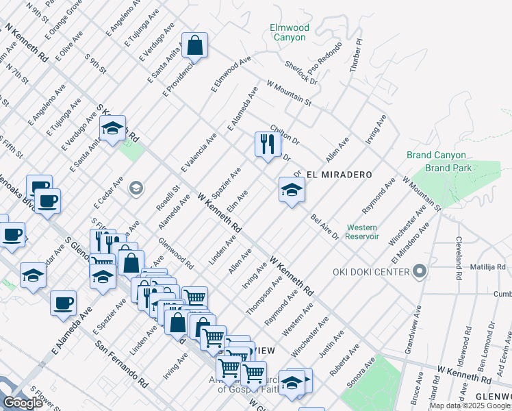 map of restaurants, bars, coffee shops, grocery stores, and more near 1341 Linden Avenue in Glendale