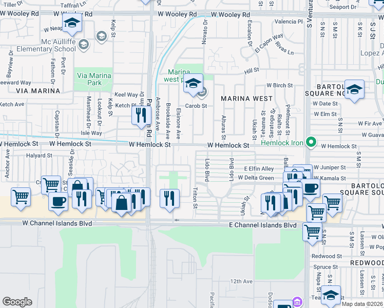 map of restaurants, bars, coffee shops, grocery stores, and more near 2736 Jill Place in Port Hueneme