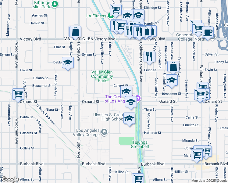 map of restaurants, bars, coffee shops, grocery stores, and more near 13049 Aetna Street in Los Angeles
