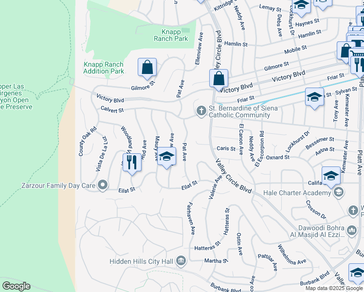map of restaurants, bars, coffee shops, grocery stores, and more near 6025 Pat Avenue in Los Angeles