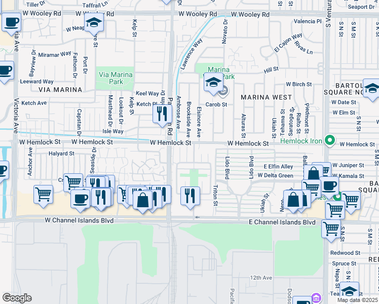map of restaurants, bars, coffee shops, grocery stores, and more near 2771 Bolker Drive in Port Hueneme
