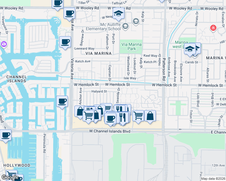 map of restaurants, bars, coffee shops, grocery stores, and more near 627 Halyard Street in Port Hueneme