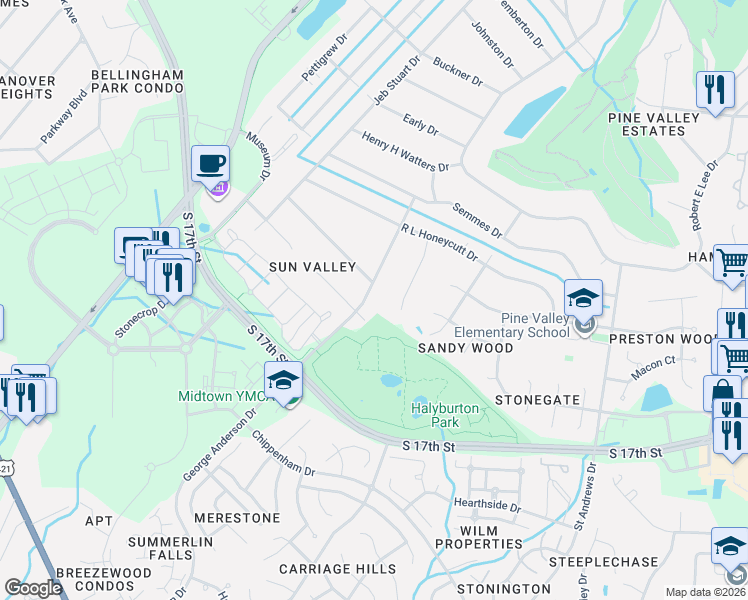 map of restaurants, bars, coffee shops, grocery stores, and more near 543 George Anderson Drive in Wilmington