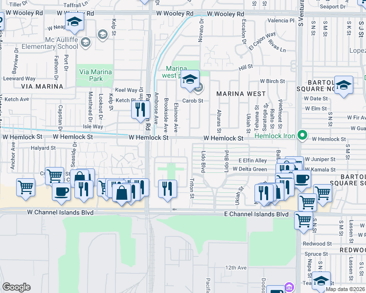 map of restaurants, bars, coffee shops, grocery stores, and more near 2731 Jill Place in Port Hueneme