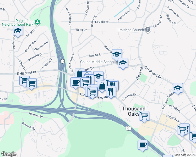 map of restaurants, bars, coffee shops, grocery stores, and more near 1346 East Hillcrest Drive in Thousand Oaks