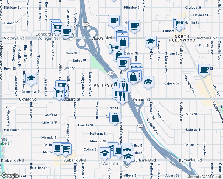 map of restaurants, bars, coffee shops, grocery stores, and more near 6041 Vantage Avenue in Los Angeles