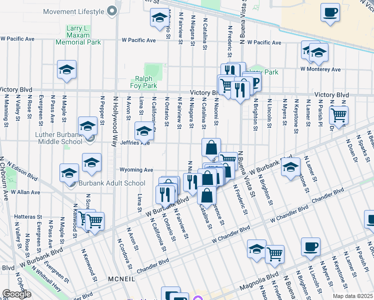 map of restaurants, bars, coffee shops, grocery stores, and more near 1436 North Niagara Street in Burbank
