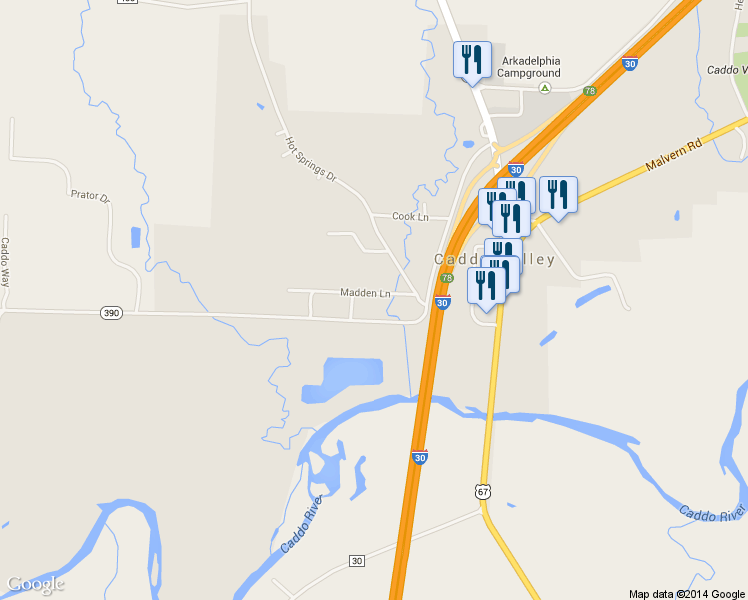 map of restaurants, bars, coffee shops, grocery stores, and more near 111 Madden Lane in Caddo Valley