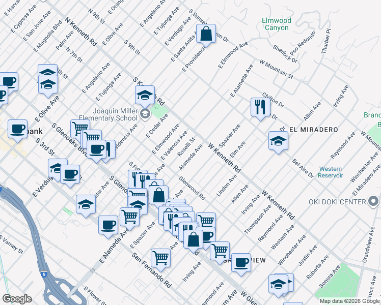 map of restaurants, bars, coffee shops, grocery stores, and more near 1260 Alameda Avenue in Glendale