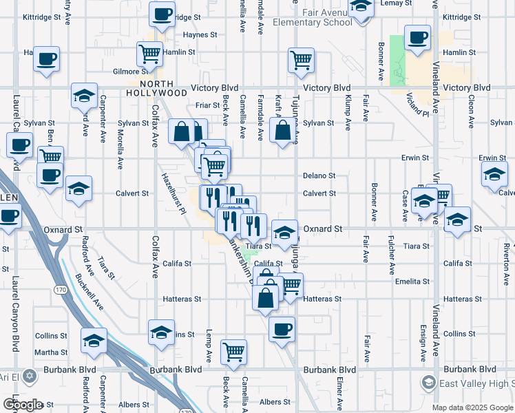 map of restaurants, bars, coffee shops, grocery stores, and more near 11471 Bessemer Street in Los Angeles