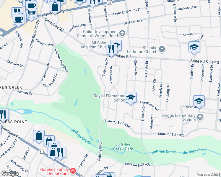 map of restaurants, bars, coffee shops, grocery stores, and more near 1005 Sherwood Drive in Florence