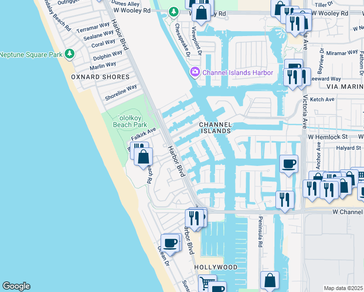 map of restaurants, bars, coffee shops, grocery stores, and more near 4545 Costa De Oro in Oxnard