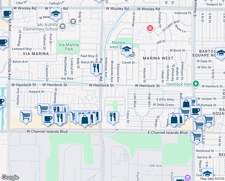 map of restaurants, bars, coffee shops, grocery stores, and more near 2771 Bolker Drive in Port Hueneme