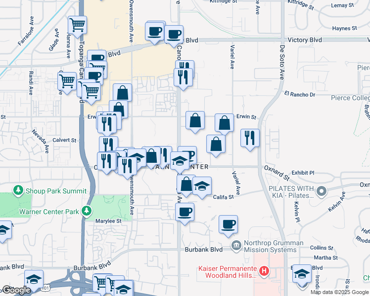 map of restaurants, bars, coffee shops, grocery stores, and more near 6040 Canoga Avenue in Los Angeles