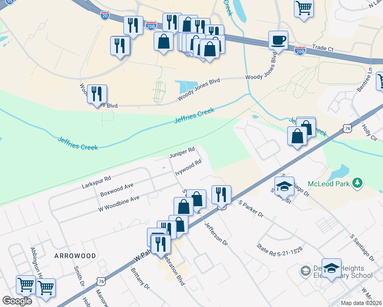 map of restaurants, bars, coffee shops, grocery stores, and more near 2706 Juniper Rd in Florence