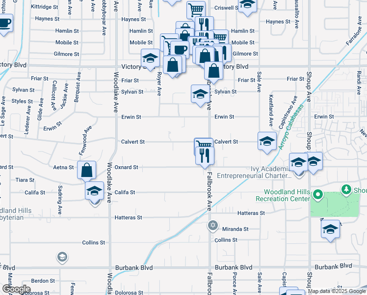 map of restaurants, bars, coffee shops, grocery stores, and more near 22904 Calvert Street in Los Angeles