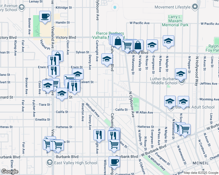 map of restaurants, bars, coffee shops, grocery stores, and more near 6037 Cahuenga Boulevard in Los Angeles