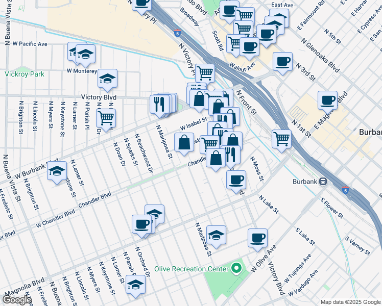 map of restaurants, bars, coffee shops, grocery stores, and more near 1104 Chestnut Street in Burbank
