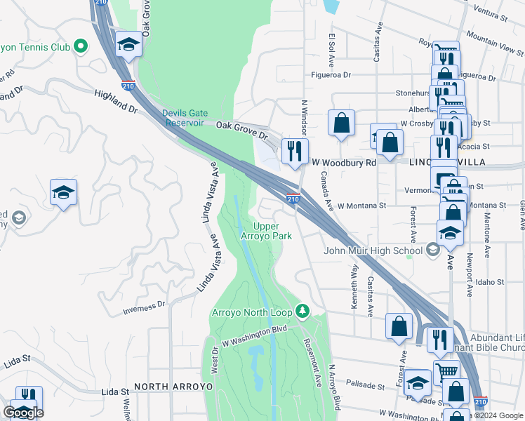 map of restaurants, bars, coffee shops, grocery stores, and more near 2025 Rosemont Avenue in Pasadena