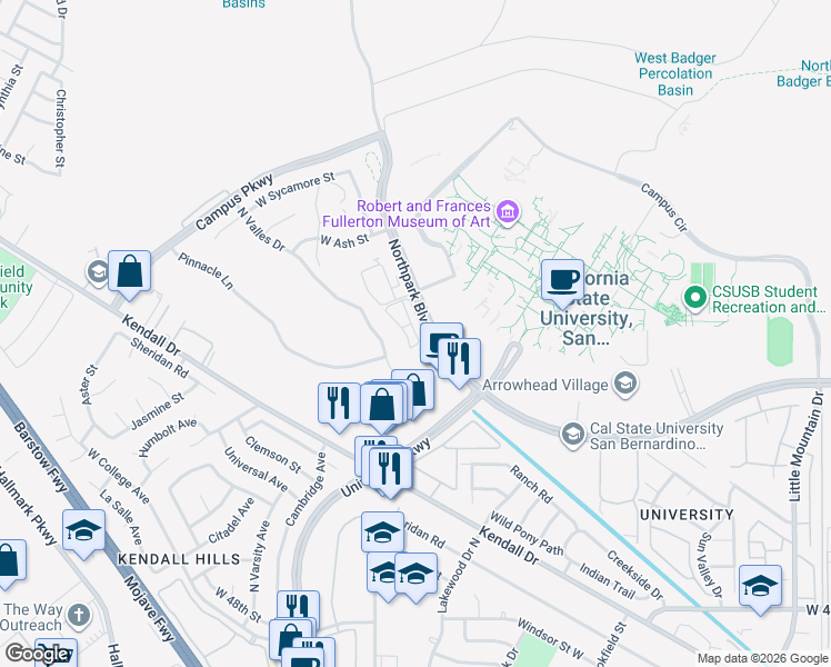 map of restaurants, bars, coffee shops, grocery stores, and more near 5431 North Valles Drive in San Bernardino