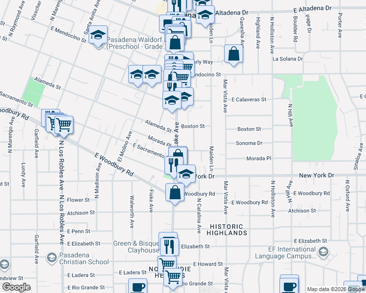 map of restaurants, bars, coffee shops, grocery stores, and more near 931 Morada Place in Altadena