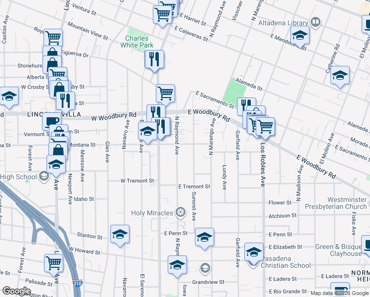 map of restaurants, bars, coffee shops, grocery stores, and more near 2022 North Raymond Avenue in Pasadena