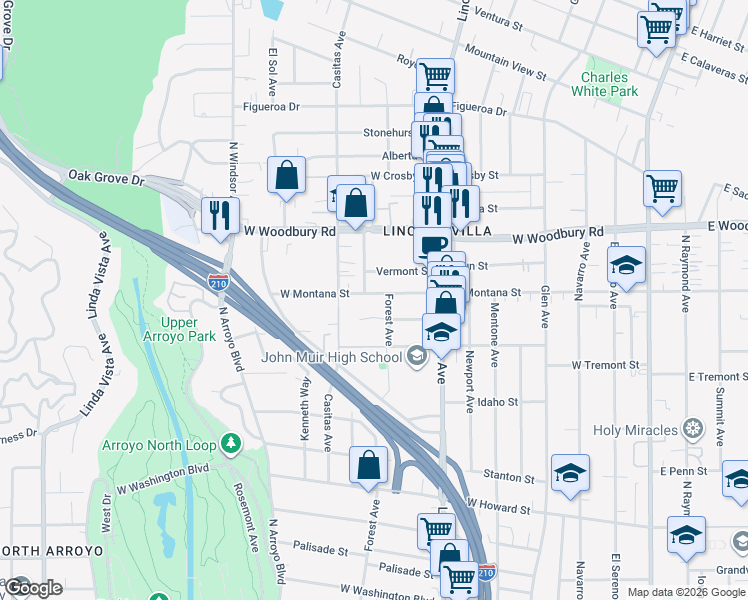map of restaurants, bars, coffee shops, grocery stores, and more near 554 West Montana Street in Pasadena
