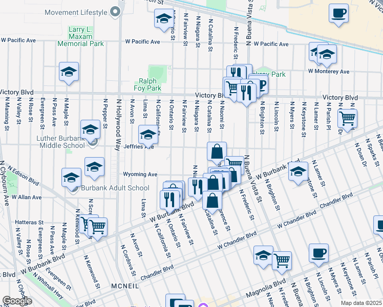 map of restaurants, bars, coffee shops, grocery stores, and more near 1436 North Niagara Street in Burbank