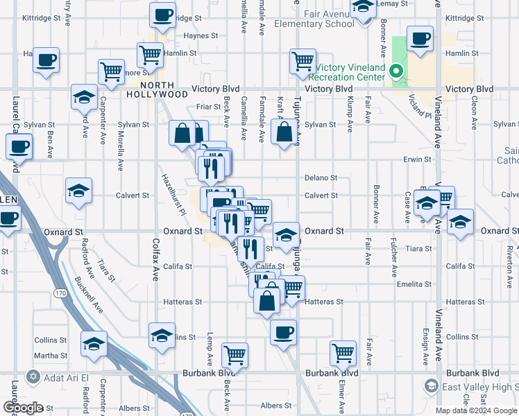 map of restaurants, bars, coffee shops, grocery stores, and more near 11471 Bessemer Street in Los Angeles
