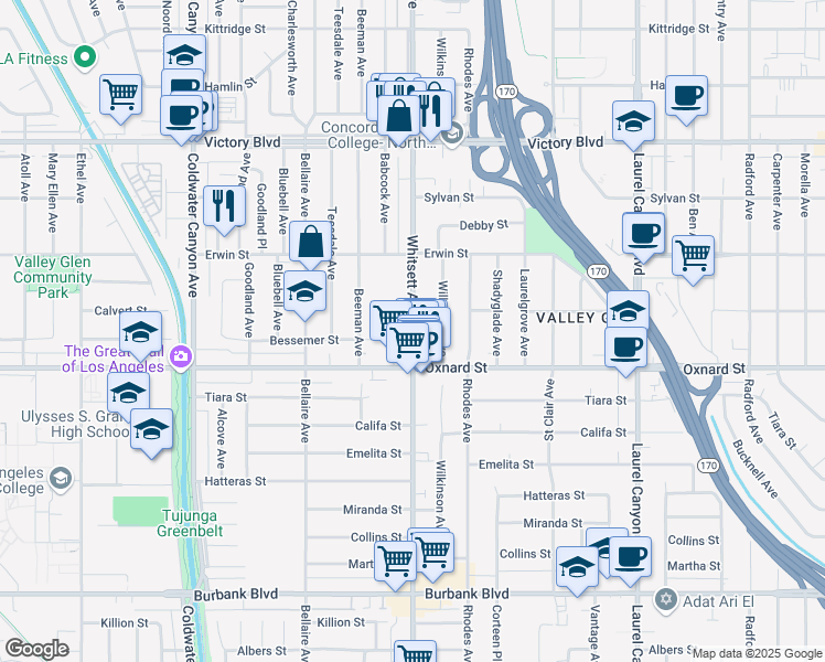 map of restaurants, bars, coffee shops, grocery stores, and more near 6039 Whitsett Avenue in Los Angeles