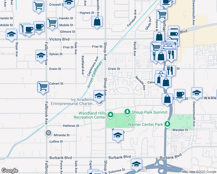 map of restaurants, bars, coffee shops, grocery stores, and more near 22399 Morea Way in Los Angeles